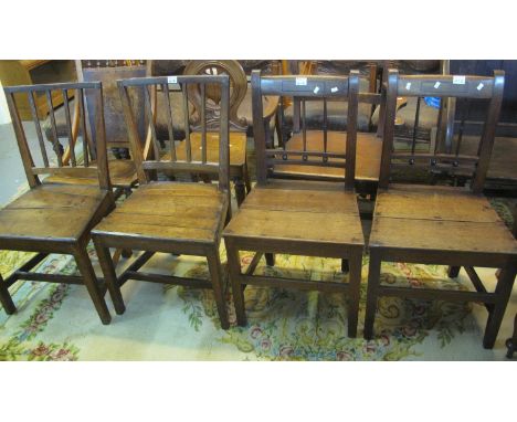 A pair of 19th Century oak bobbin and rail back farmhouse kitchen chairs, together with another pair of 19th Century stick ba