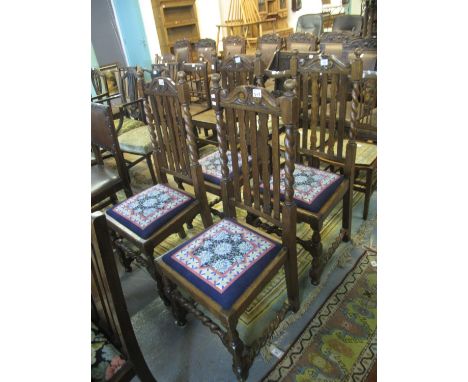 Set of four oak barley twist and slat back dining chairs with stuff over tapestry seats. (4) (B.P. 21% + VAT) Very slight mov