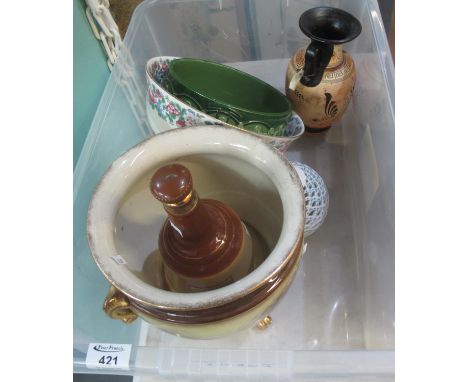 Plastic box of assorted china to include; Bell's Old Scotch whisky Wade decanter (empty), Crown Staffordshire floral bowl, Gr