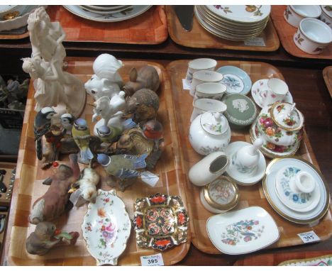 Two trays of assorted china to include; ceramic studies of animals and birds, Royal Crown Derby Imari tray of square form, We