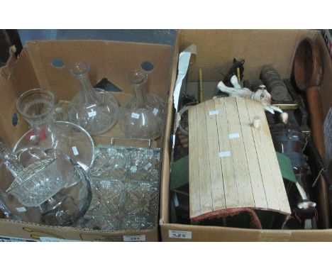 Box of assorted glassware to include; decanters, carafe, two handled bowl etc. Together with another box of items to include;