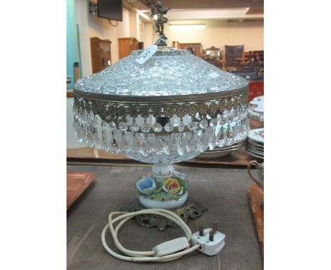 Mid Century glass table lamp with ceramic base of stylised flowers with drop lustres on a brass pierced base. (B.P. 21% + VAT