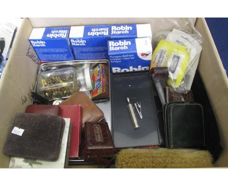 Box of oddments to include; modern watches, Smiths travelling alarm clock, pen knife, vintage spectacles, Smiths Ingersoll Tr
