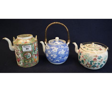 2 late king Qing Chinese porcelain polychrome teapots. 1 with a chinese custom seal to the base along with a Chinese blue and