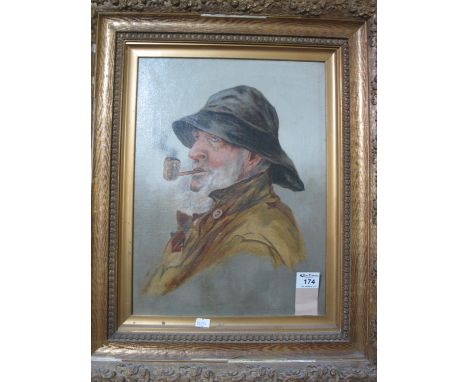 Portrait of an elderly gentleman in hat and coat smoking a pipe, oils on canvas, unsigned, in gilt slip and ornate frame. 40 