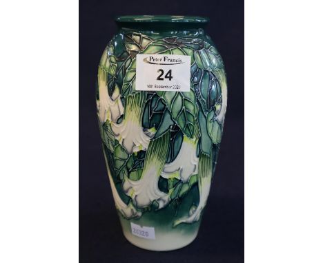 Moorcroft art pottery tube lined 'Angel's Trumpet' design vase by Anji Davenport 1998, no. 501. In original box, 19cm high ap