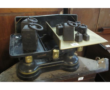 Vintage G.P.O.S.C no.9 MKII weighing scales with various weights, all marked G.P.O.(B.P. 21% + VAT) 