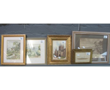 W.J Lort (?), country scenes, water mill and church, signed, watercolours. 19 x 14cm approx. Together with after Barraud, Her