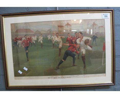Framed coloured print, 'England vs Wales, January 5th 1895 at Swansea', Thomson scores the first try for England. 31 x 50cm a