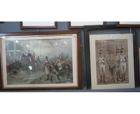 Pastel study of three British soldiers with man possibly a prisoner being escorted, signed J Hunter?, together with a large c