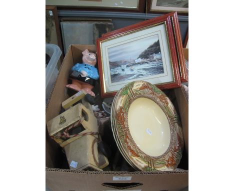Box of assorted items to include: Myott Son & Co Englands Countryside bowls, large seashell, wooden study of a truck, various