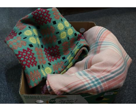 Three vintage woollen blankets; one a green ground Welsh tapestry and the other two check blankets. (3)(B.P. 21% + VAT) 