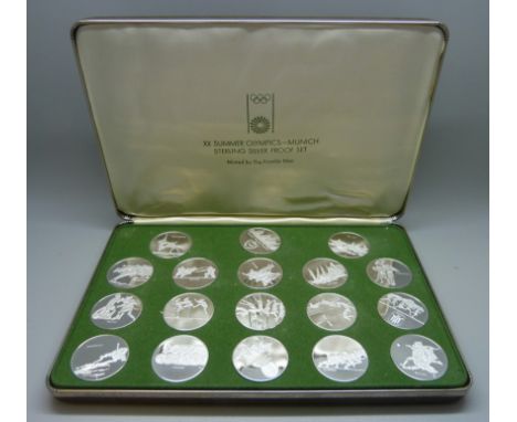 A rare set of eighteen .999% proof silver medallions from the Franklin Mint, issued to commemorate the XX Summer Olympics, Mu