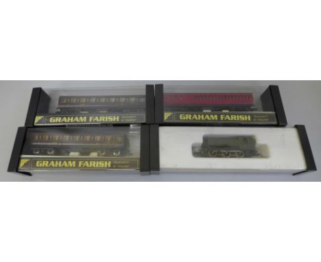 A Graham Farish model raliway N gauge pannier tank engine and three coaches (boxed) 