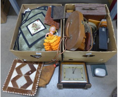 A box of linen and a box of leather and other goods, Art Deco Elliott mantel clock, etc. **PLEASE NOTE THIS LOT IS NOT ELIGIB
