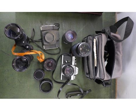 A Minolta XE-1 35mm camera, three additional lenses, one other camera and a pair of Zodiac 10x50 binoculars 