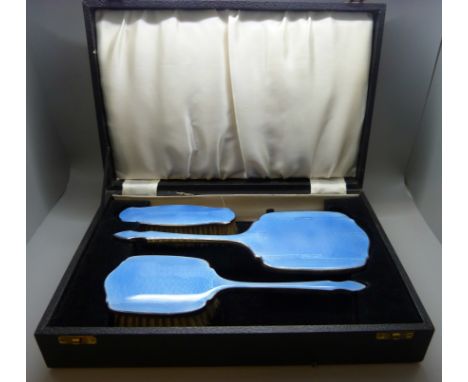 A silver and enamel Art Deco vanity set, Birmingham 1946, boxed 