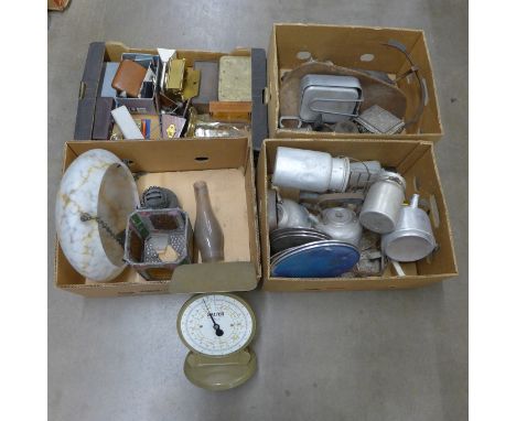 Four boxes of mixed household items, an Art Deco glass light shade, spring scales, mess tins, etc. **PLEASE NOTE THIS LOT IS 