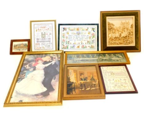 After Renoir. Dance in the Country print, 79cm x 48cm, Marcus Designs plaque raised with Arthurian figures before castle, var