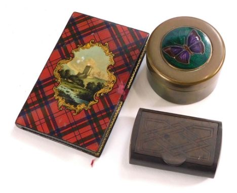 An early 20thC tartan ware notebook blotter, with McGilvray tartan, 10cm high, a treen snuff box, and a solid brass jar with 