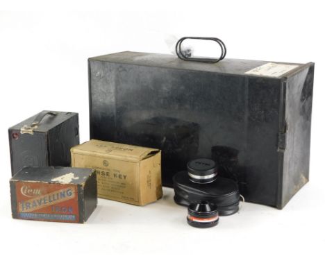 A collection of bygones, to include a Morse Code key, made by Signalling Equipment Limited, a box camera, travelling iron, a 
