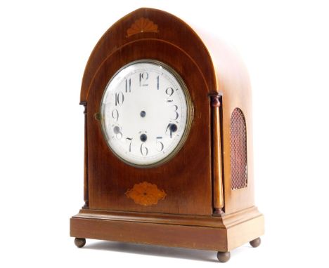 A late 19thC/early 20thC mahogany and marquetry clock case, the white enamel dial with Roman numerals, lacking movement, 39cm