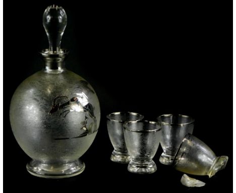 An Art Deco glass part liqueur set, with silver overlay of a nude female. (glasses AF)