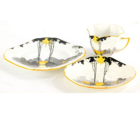 A Shelley Art Deco porcelain trio, of a cup, saucer and plate.