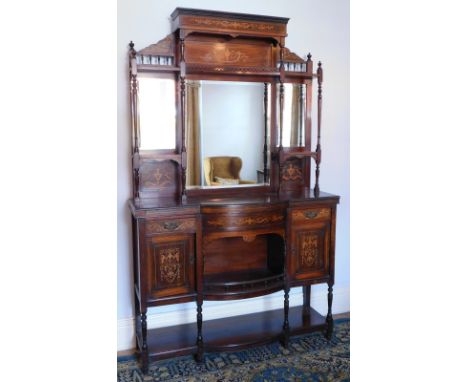 A late Victorian rosewood marquetry chiffonier, with an upper part with mirrors, panels, concave gallery, and turned uprights