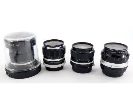 Four camera lenses to fit Nikon cameras, to include a Nikkor 18mm f3.5 super wide angle lens, a Nikkor 28mm f3.5 wide angle l