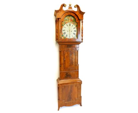 W.Helliwell, Leeds. A longcase clock, with an arched painted dial, decorated with a biblical tableau, above floral spandrels,