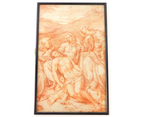 Death of Christ, Old Master sepia print, glazed and framed, 41cm x 25cm.