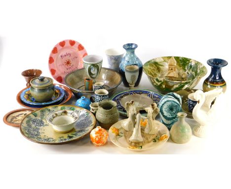 Various studio style and other pottery, to include an Evans agate style bowl, 30cm wide, dancing figure group, egg cups, othe
