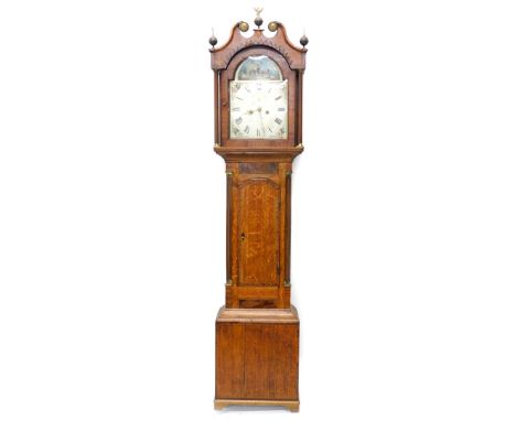 A. Matthews, Ely. An early 19thC longcase clock, the arched dial painted with a rural scene of harvesting etc., above floral 