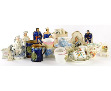 A collection of royal commemorative pottery, to include two Doulton stoneware mugs, Staffordshire figures, cups, saucers, etc