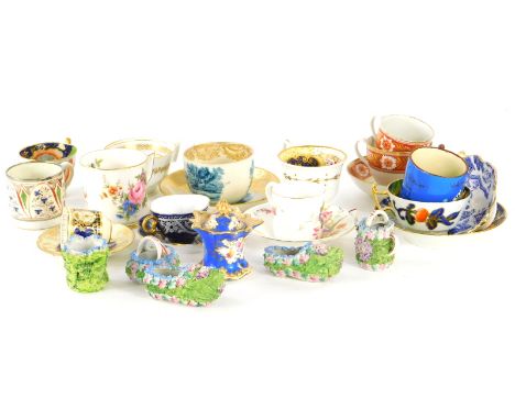 Various cabinet cups and saucers, an unusual 19thC Richard Briggs Company of Boston teacup and saucer, transfer printed in bl