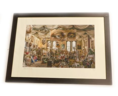 Ian Moor (b1957). Self Island, New Zealand, faces, artist signed print, 29cm x 36cm.