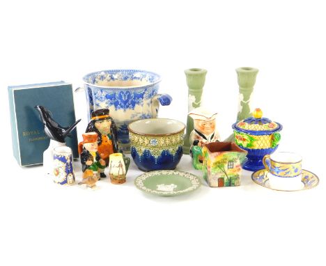 Various pottery and effects, Staffordshire Toby jug, another Tony Wood, 10cm high, green jasperware, cabinet cups, saucers, e