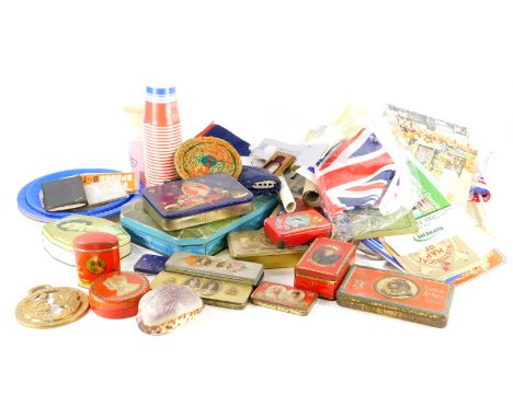 Various Royal commemorative and other collectables ephemera, etc., to include tins, Jubilee 1977 sash, flags, plates, unused 