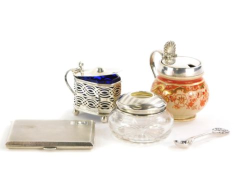 A collection of small silver, etc., to include a pierced mustard pot with blue glass liner, Art Deco engine turned card case 