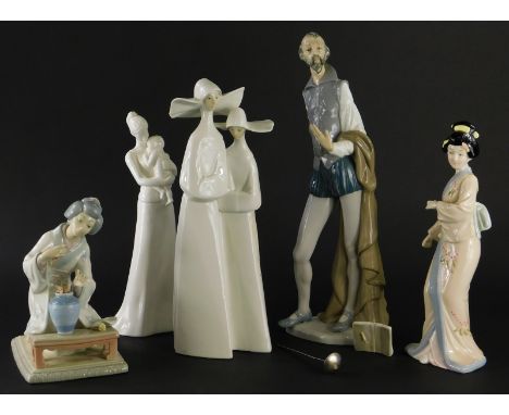 Various Lladro and other style figures, to include an oriental lady with vase, marked Lladro, 19cm high, various other simila