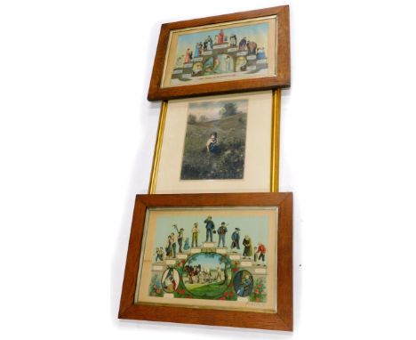 19thC School. The Stages In A Woman's Life and Stages In A Man's Life, coloured prints, a pair, 28cm x 40cm, and a print of a