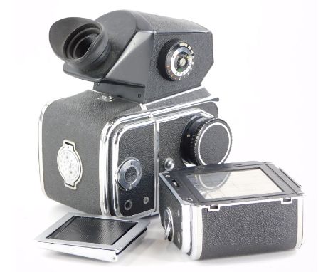 A Kiev 88 camera, a Russian copy of a Hasselblad, the body with a TTL prism, waist level finder and two film backs.