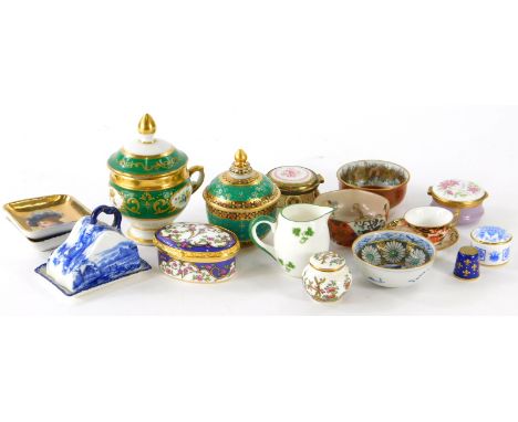 Two continental porcelain miniature square dishes with portraits, a small Japanese Kutani bowl, miniature cup and saucer and 