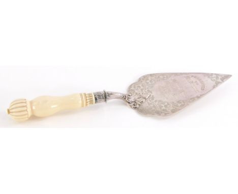 A Victorian silver presentation trowel, Mission Hall Bedford, ivory handle, Sheffield 1897, 8oz all in. 