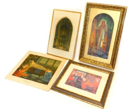 After Collier. The Sleeping Beauty print, 38cm x 48cm, After Holman Hunt, The Light of the World print, and Bretell (?) churc