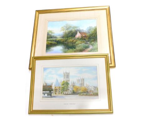 Hillary Scoffield.  Rural scene with cottage, watercolour, 34cm x 46cm, and a print of Lincoln Cathedral. (2) 