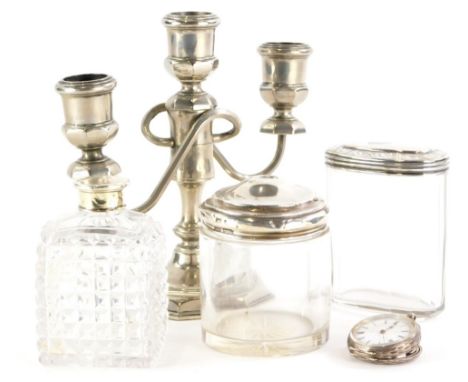 A collection of small silver and silver plated items, to include three silver mounted glass jars, various dates and sizes, a 