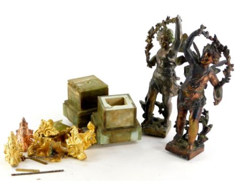 A pair of French spelter figurines, each with an onyx base and gilt metal feet, previously from a clock garniture. (AF)