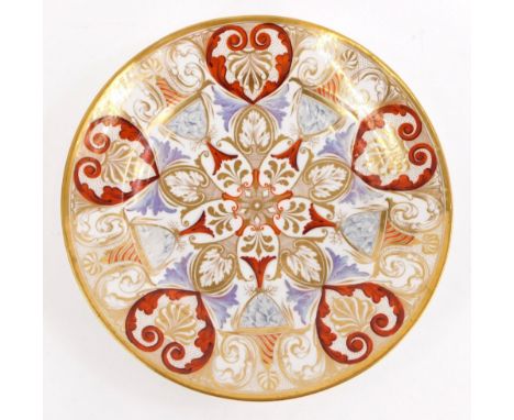 A Fine Coalport cabinet plate c1825, decorated with gilt swags and oak leaves, with red curtains and marbled ground, 22cm dia